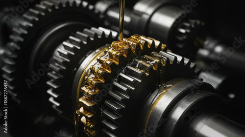 Engine gear lubrication oil pouring on metal cogwheel. Industrial transmission machine rotating with golden liquid maintenance. Automotive mechanism technology working in slow motion.