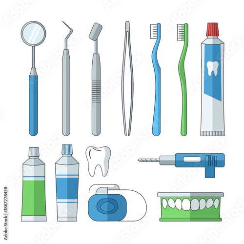 Dental Care Tools and Supplies Flat Vector Illustration Set