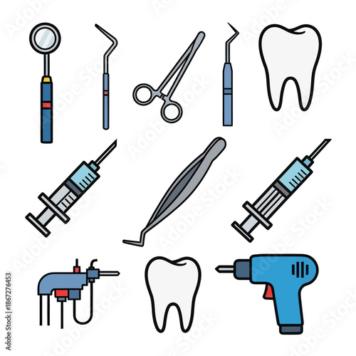 Dental Tools and Equipment Flat Design Icons: Syringe, Drill, Mirror, Forceps, Tooth