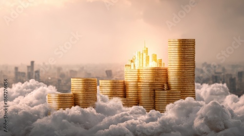 Financial Growth Concept with Stacked Coins and Modern City Skyline