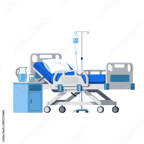 Hospital Bed with IV Drip and Water Carafe - Medical Healthcare Illustration