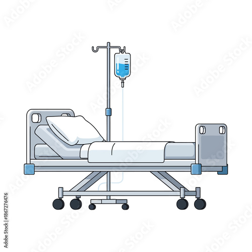 Hospital bed with IV drip, medical equipment, healthcare concept, isolated on white background