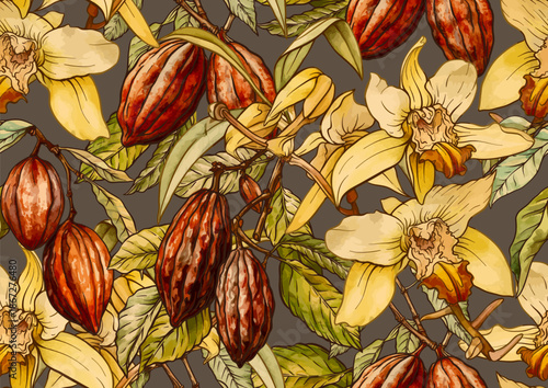 Chocolate and vanilla elements seamless pattern. Hand-drawn botanical illustration of vanilla orchids and cocoa pods in a vintage style, designed for textile, wallpaper, kitchen, and culinary projects