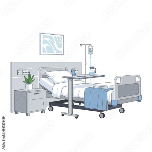 Hospital Room Interior with Medical Bed, IV Drip, and Nightstand