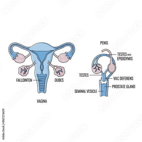 Female and Male Reproductive System Anatomy Diagram, Isolated on White Background