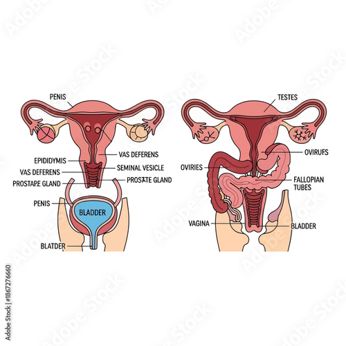 Male and Female Reproductive System Anatomy Diagrams, Medical Illustration