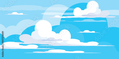 Illustration of a blue sky with white clouds in a flat style. Blue sky background and white clouds. Cartoon sky	