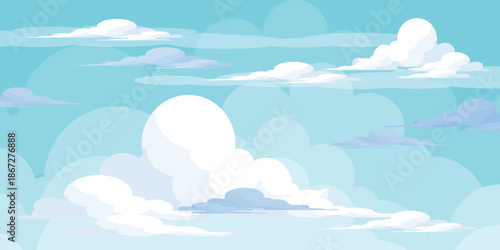 Illustration of a blue sky with white clouds in a flat style. Blue sky background and white clouds. Cartoon sky	