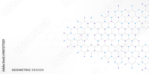 Abstract hexagonal molecular structure with colorful dots on white background