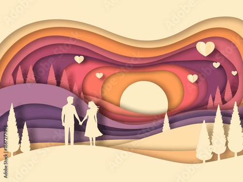 Paper cut style illustration of a loving couple holding hands during sunset.