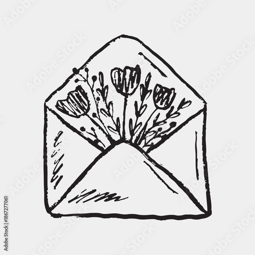 Hand drawn spring envelope with tulip flowers inside. Hello summer. Vector sketch illustration in vintage crayon charcoal style. Romantic symbol