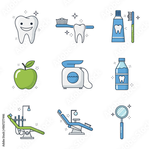 Dental Care Icons: Happy Tooth, Toothbrush, Floss, Mouthwash, Apple, Chair, Mirror