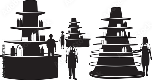 Silhouette of people working at multi-tiered dessert display tables