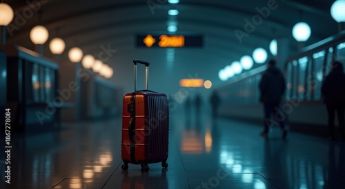 Red suitcase sitting on the floor in a hallway