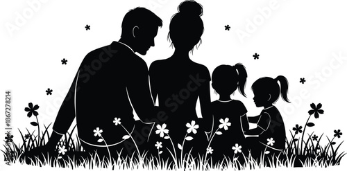 Black silhouette of happy family sitting in flower grass meadow, parents with children together in nature, summer park vector illustration.
