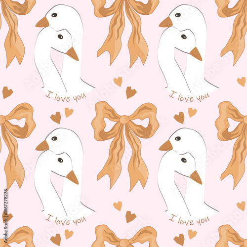 Bows and Goose in love cute seamless pattern. Cute Hugging birds background for Valentine day, wedding or romantic card design element. Vector illustration