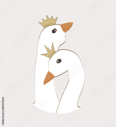 Goose Hugs couple in golden crowns. Royal geese couple. Greeting Valentine day, wedding or romantic card design element. Isolated vector illustration