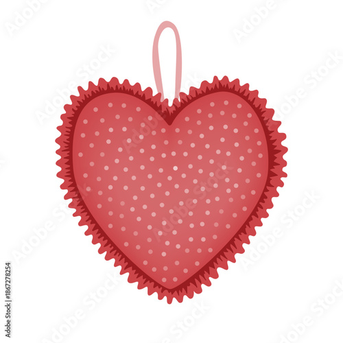 Hand made textile heart with cute ruffles, vector isolated illustration. Textile handicraft heart decoration on white background. Valentines Day design element.