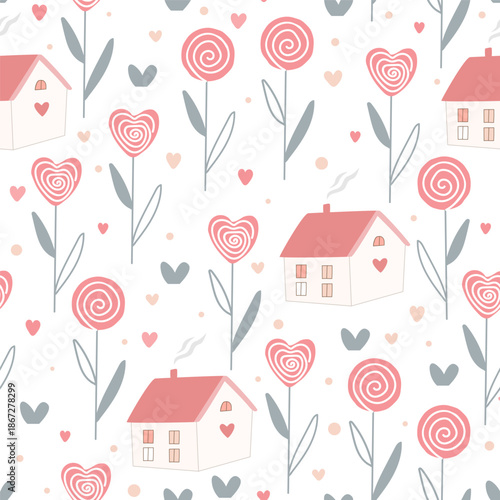 Valentine day seamless with lollypop heart shape flowers and cute houses. Vector illustration, romantic background.