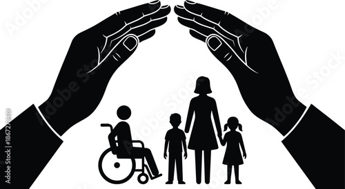 Protective hands over family with children and disabled person, symbolizing care security support insurance safety social welfare silhouette illustration