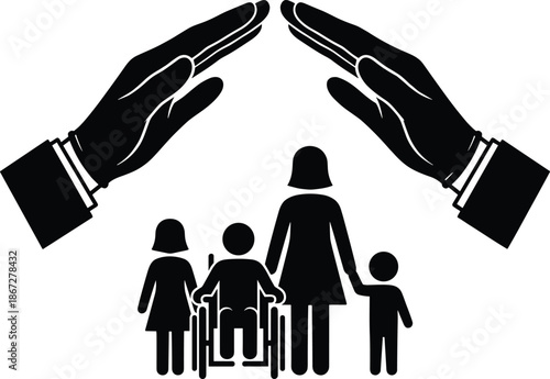 Protective hands sheltering family with disabled child, symbolizing care security insurance support safety social welfare inclusive silhouette illustration vector concept