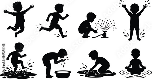 Children playing with water splashes and puddles, joyful childhood activities summer fun silhouette illustration set outdoor playful moments