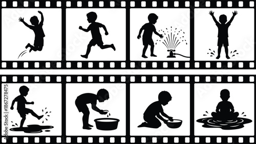 Children playing with water in film strip frames, joyful childhood activities summer fun silhouette illustration sequence, outdoor playful motion set