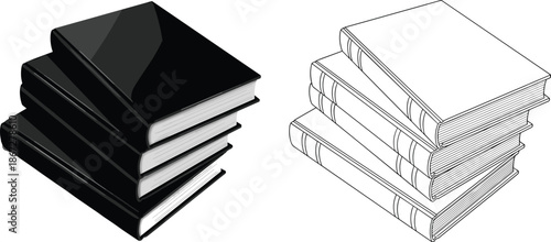Stacked books illustration, black solid and outline book pile icons, education knowledge library learning concept vector isolated design minimal printable