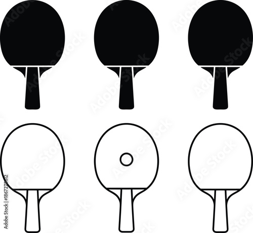 Table tennis paddle icon set illustration, black and outline ping pong racket symbols, sports equipment vector isolated on white