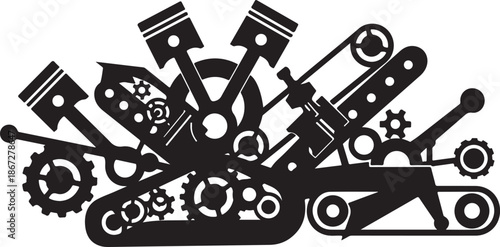 Mechanical parts and tools in black silhouette style