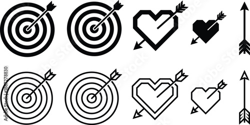 Target and heart arrow icon set, love goal aim symbols, success focus concept, black white flat outline vector illustration collection