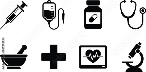 Medical healthcare icon set, syringe infusion medicine symbols, hospital equipment diagnostics tools, black white flat outline vector illustration collection design