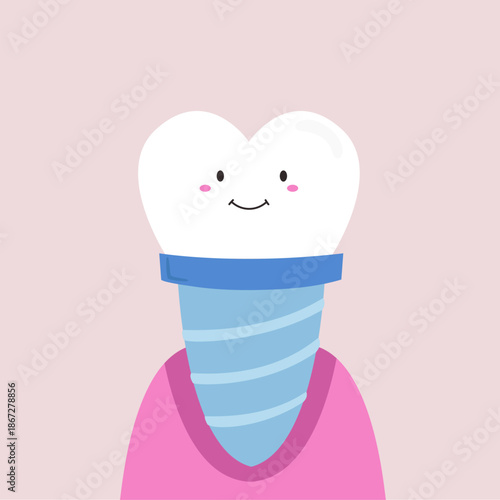 Cute Cartoon Tooth Implant Character to Illustrate Professional Stomatology Prosthetics and Dental Restoration