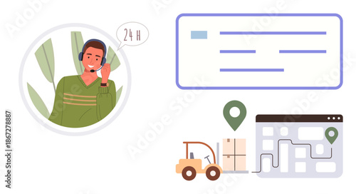 Customer support, logistics, delivery tracking, supply chain, online services, communication. A ative with a headset and 24H speech bubble beside a supply chain map. Customer support and logistics