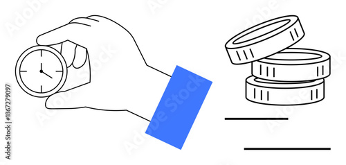 Time management, financial planning, business strategy, investment, efficiency, money management. Hand holding a clock and stack of coins. Time management and financial planning concepts