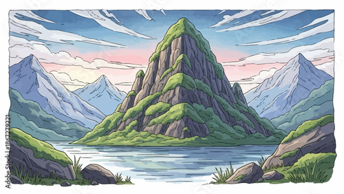 Peaceful mountain landscape with a calm lake and scenic sky.