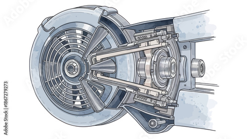 Detailed illustration of a mechanical engine cutaway.