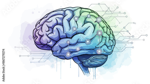 Stylized illustration of a human brain with digital network connections.