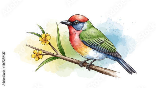 Colorful bird perched on a branch with yellow flowers.