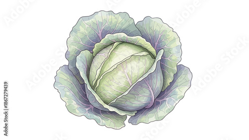 Illustration of a fresh green cabbage on a white background.