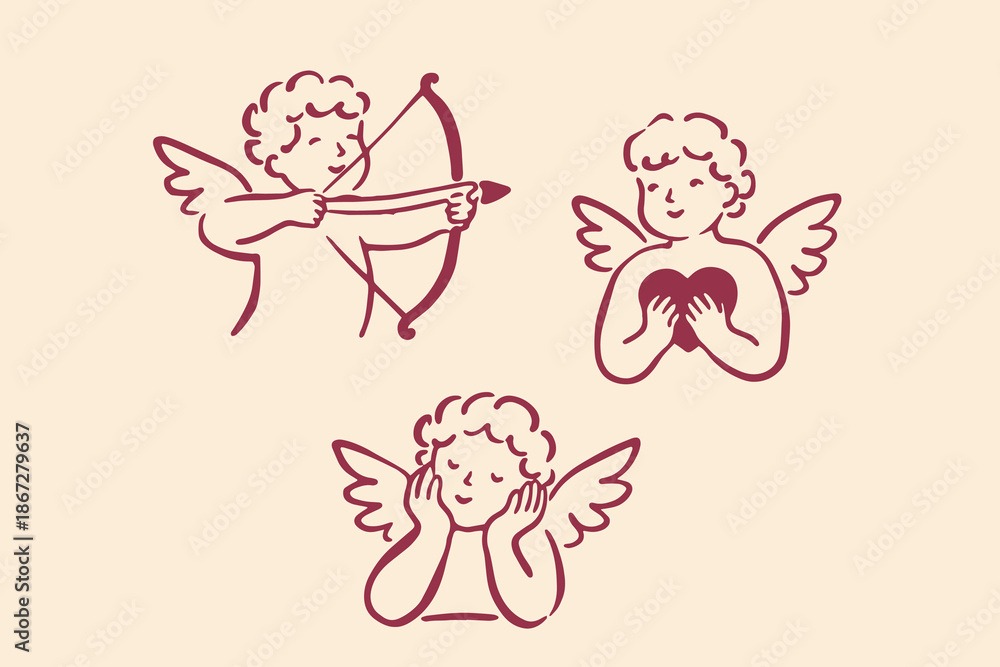 Fototapeta premium Cupid cherub icons line doodle set vector illustration