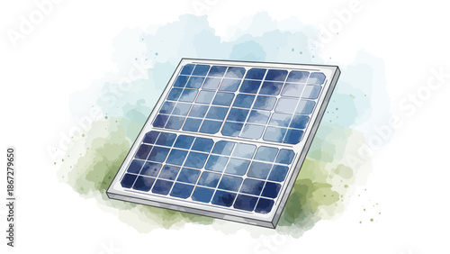 Watercolor illustration of a solar panel capturing renewable energy.