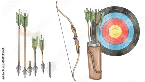 Archery set with bow, arrows, quiver, and target