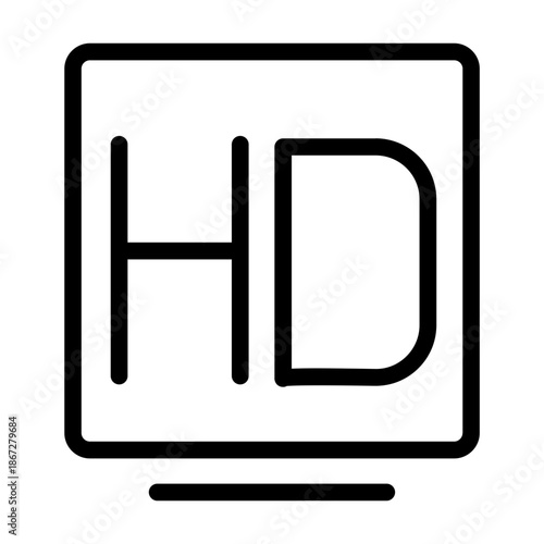 Minimal HD resolution icon for video quality, media format, and digital playback.