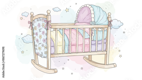 Cute baby cradle with soft bedding, clouds, and stars.