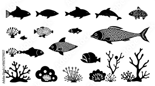 Sea creatures including stylized fish and dolphins with intricate coral silhouettes in monochrome black vector illustration style, featuring a variety of marine life icons such as seaweed and shells, 