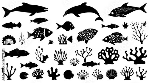 Sea creatures including stylized fish and dolphins with intricate coral silhouettes in monochrome black vector illustration style, featuring a variety of marine life icons such as seaweed and shells, 