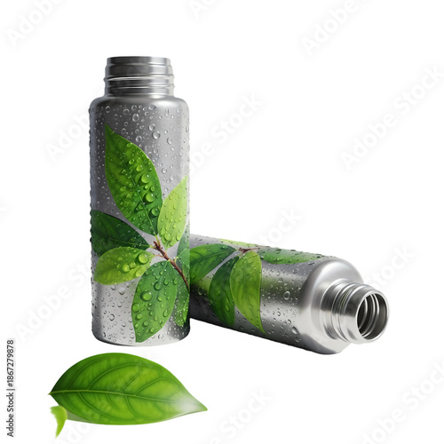 Eco-Friendly Metallic Water Bottles with Green Leaves and Water Droplets