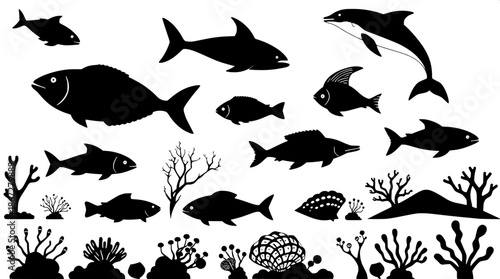 Sea creatures including stylized fish and dolphins with intricate coral silhouettes in monochrome black vector illustration style, featuring a variety of marine life icons such as seaweed and shells, 