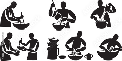 Silhouette of a person preparing food in various ways